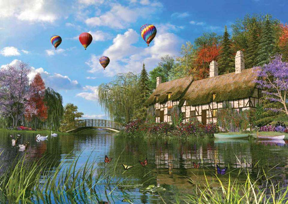 Malowanie domów nad jeziorem balonów na ogrzane powietrze puzzle online