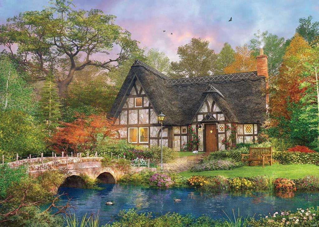 Gemälde Cottage am Waldrand und Fluss Puzzle