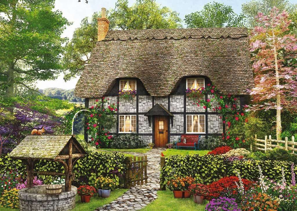 Malowanie domu na wsi ze studnią puzzle online