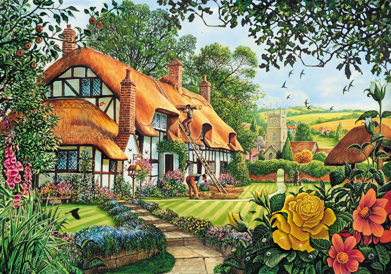 Malowanie domu ze wsią i kościołem puzzle online