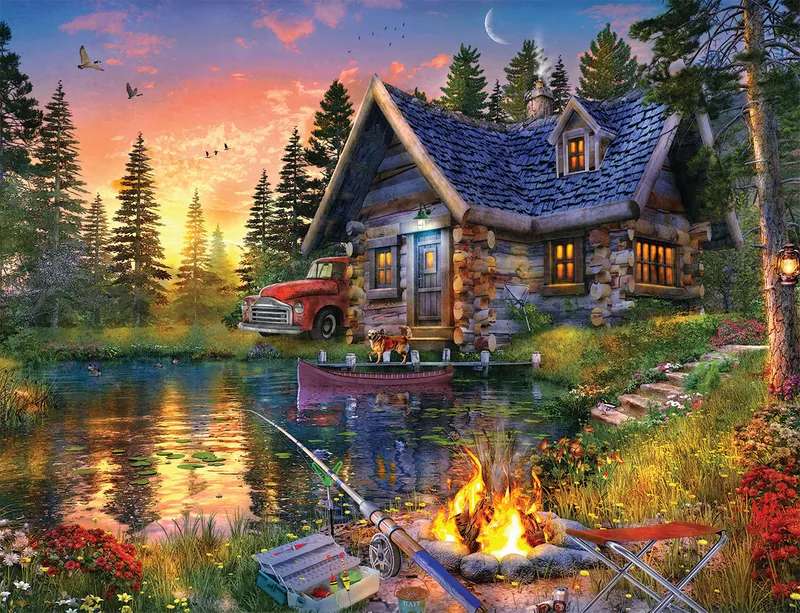 dom w lesie przy jeziorze puzzle online