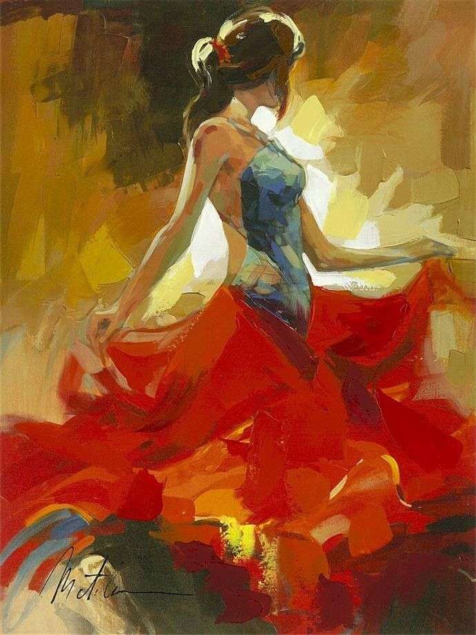 Zeer mooi schilderij! Spaanse Flamenco danseres. Modern portret. Schilderij  geschilderd in samengestelde kleuren: rood, zwart, koraalrood,