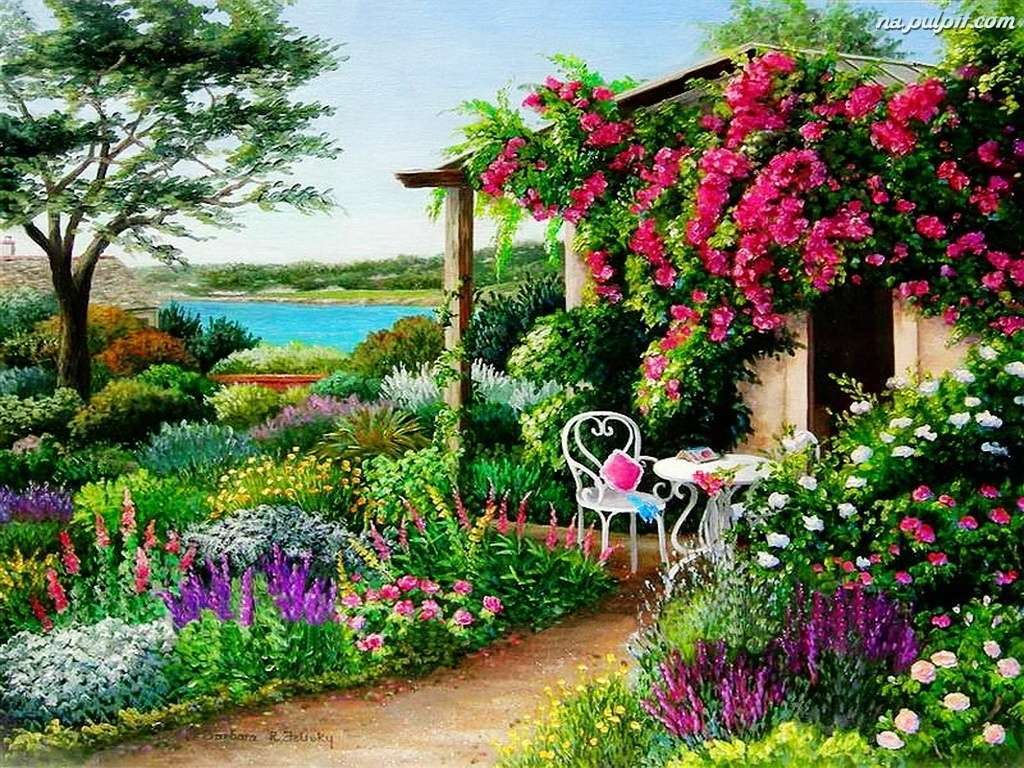 ogród z altanką pełen kwiatów puzzle online