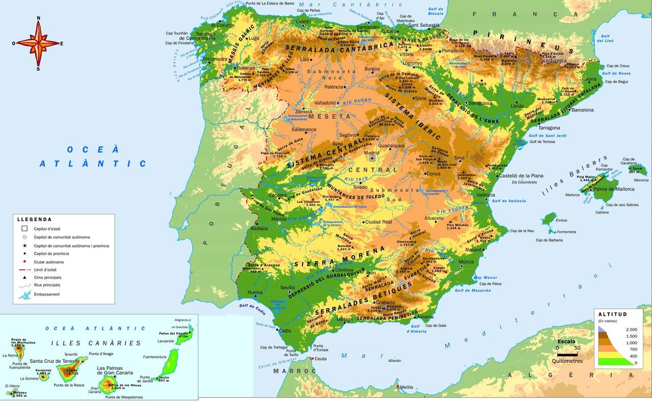 Mapa reliefowa Hiszpanii. puzzle online