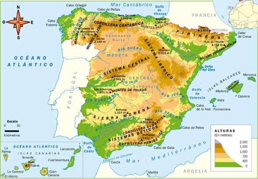 Mapa reliefowa Hiszpanii. puzzle online