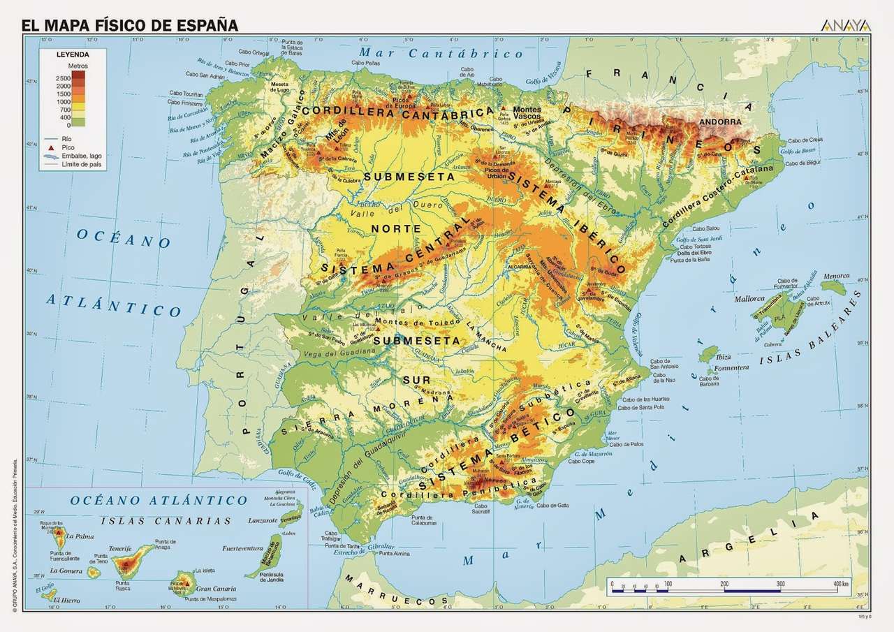 Mapa reliefów Hiszpanii. puzzle online