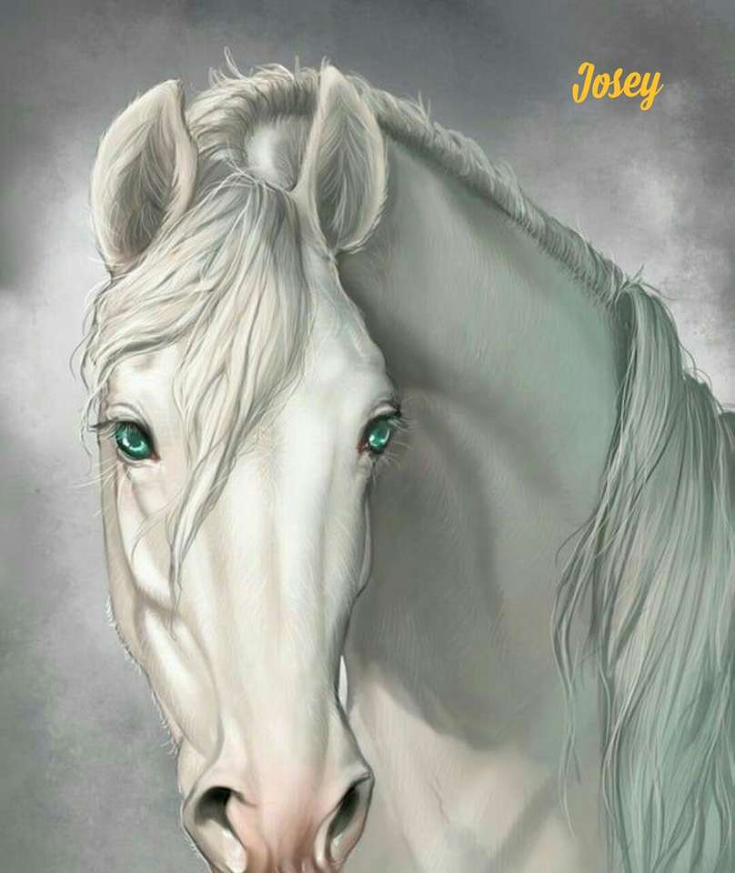 Biały koń o szmaragdowych oczach. puzzle online