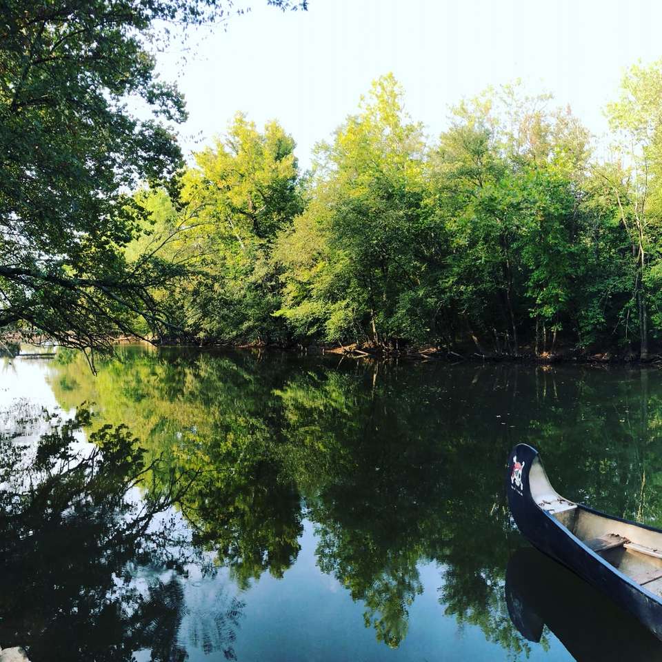 brązowa łódź na jeziorze otoczona zielonymi drzewami w ciągu dnia puzzle online