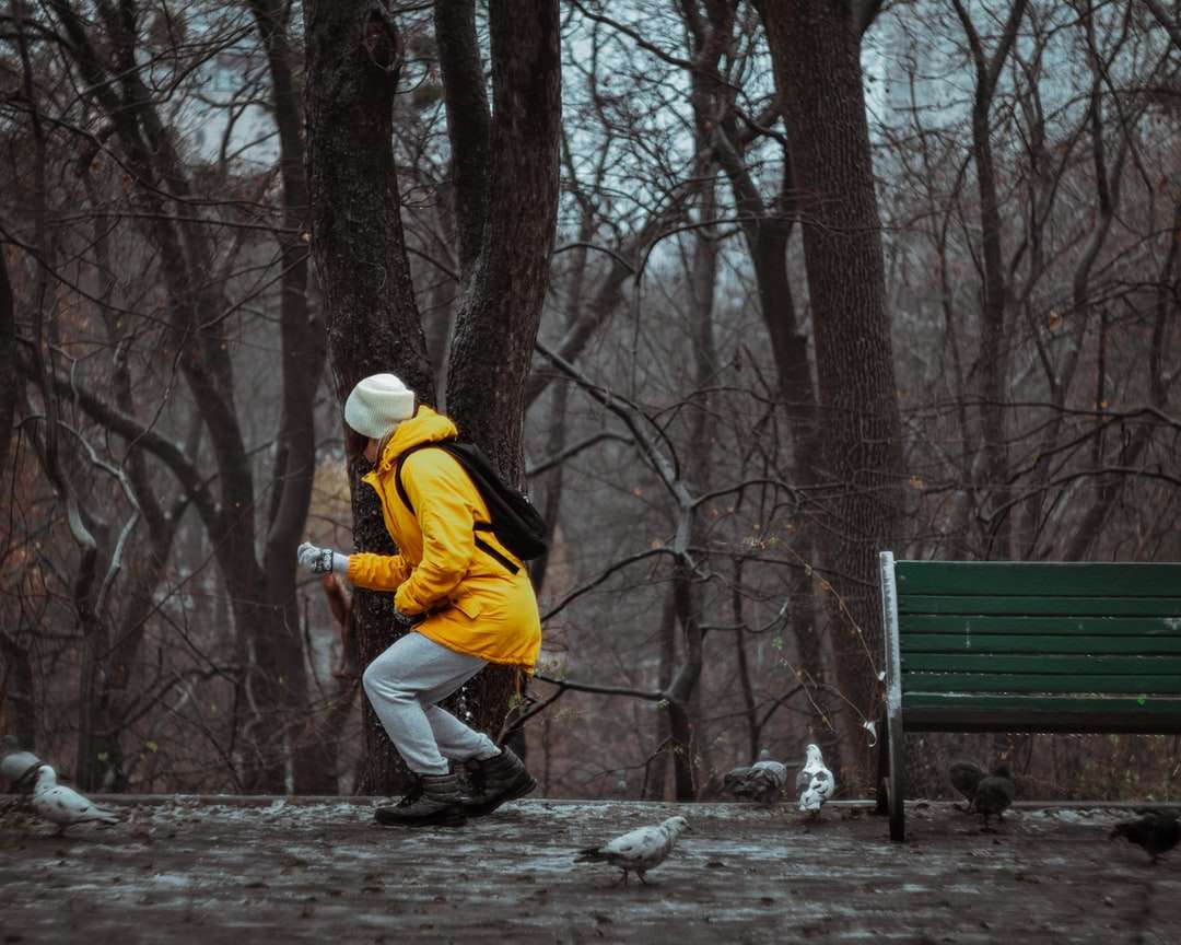 człowiek w żółtej kurtce i białych spodniach, chodzenie po lesie puzzle online