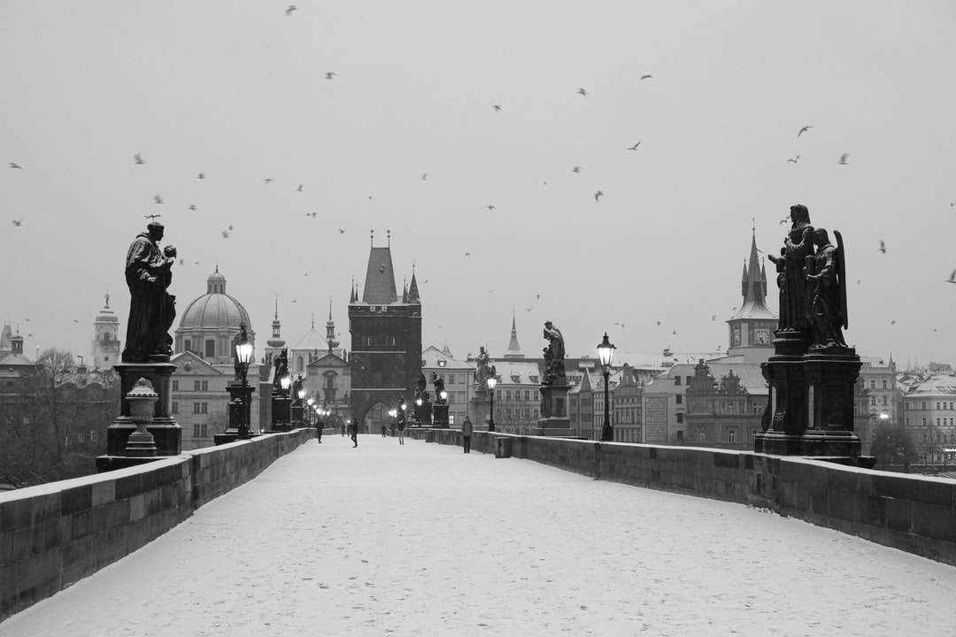 Foto en escala de grises de personas caminando por la carretera cubierta de nieve rompecabezas