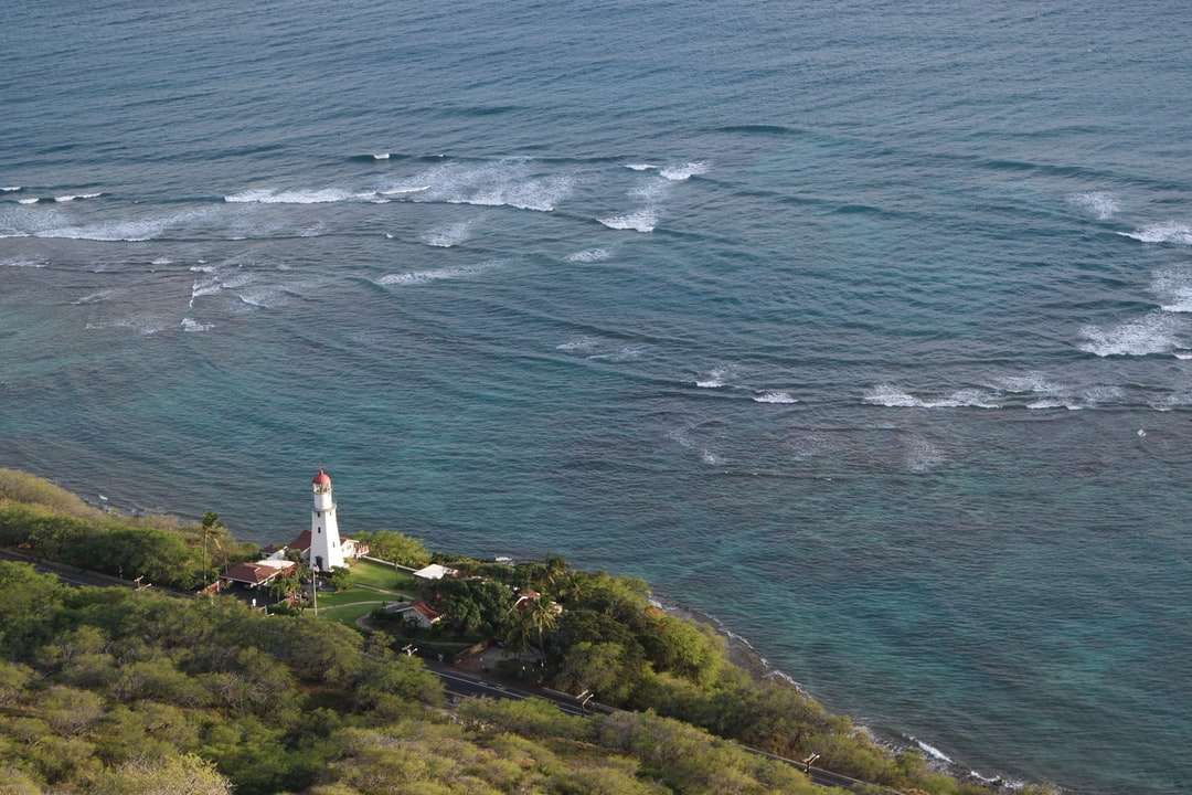 biała i czerwona latarnia morska na wyspie pokryte zieloną trawą puzzle online