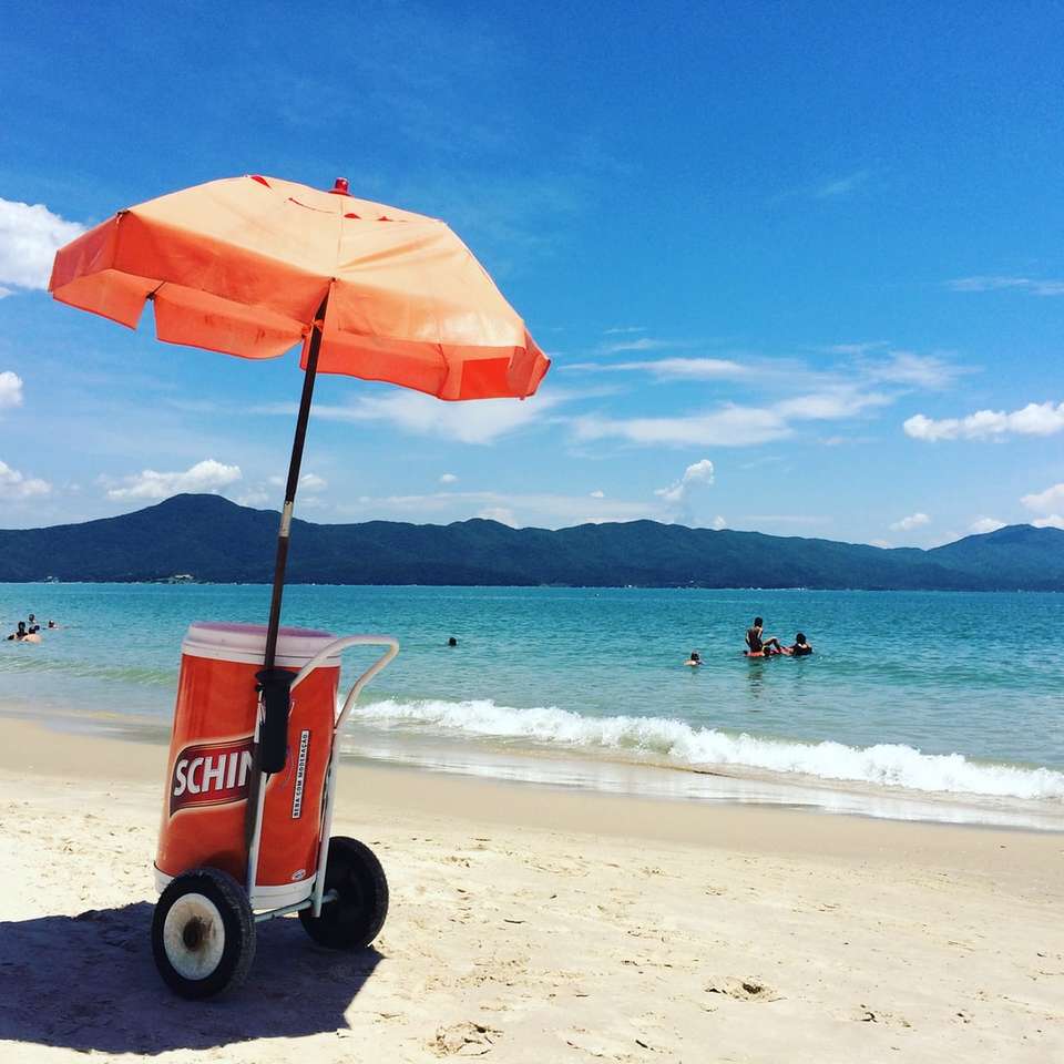 czerwony i czarny wózek golfowy na plaży w ciągu dnia puzzle online