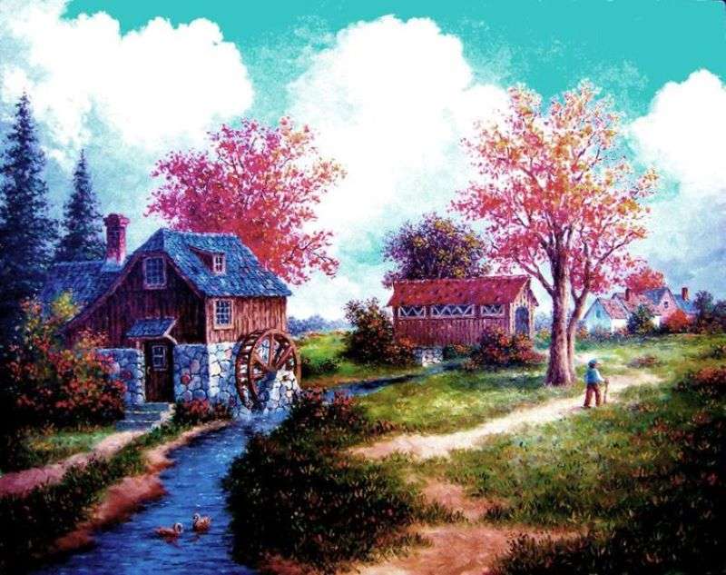 Malowanie młyna i farm na wsi nad potokiem puzzle online