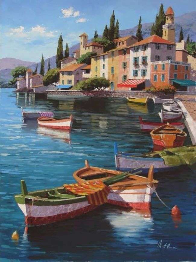 Malowanie miasta na jeziorze i łodziach puzzle online