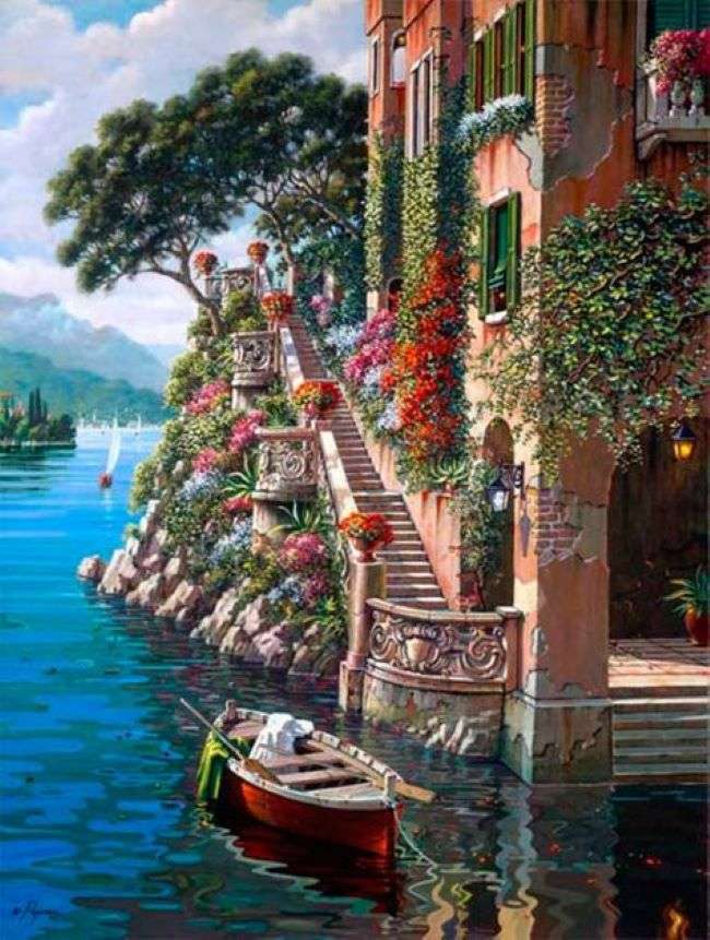 Malowanie domu nad jeziorem i łódką puzzle online