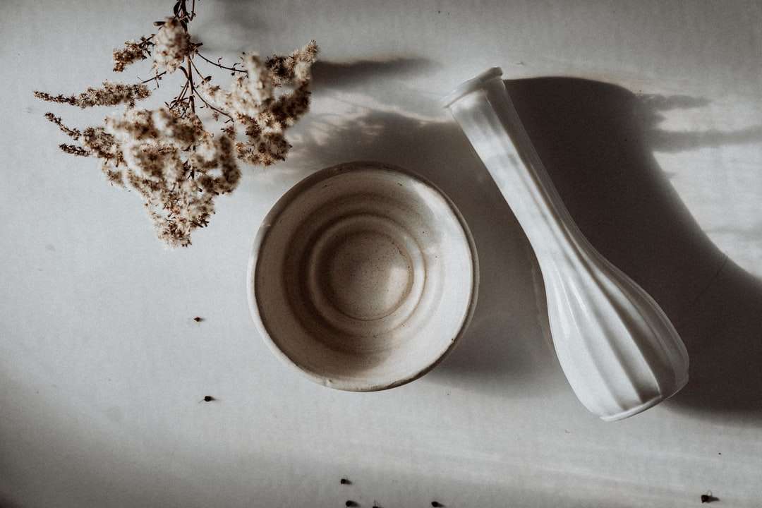 біла керамічна миска біля коричневого висушеного листя головоломка