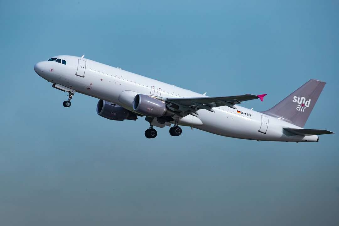 biały samolot pasażerski w powietrzu w ciągu dnia puzzle online
