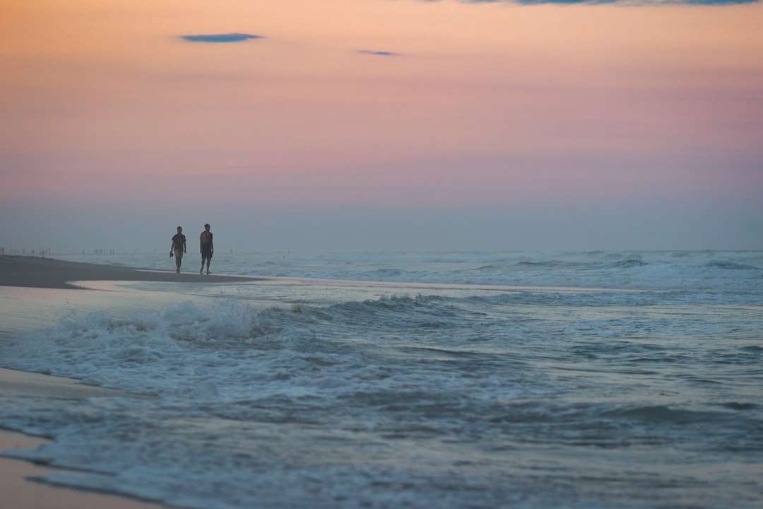 2 osoby spacerujące po plaży podczas zachodu słońca puzzle online