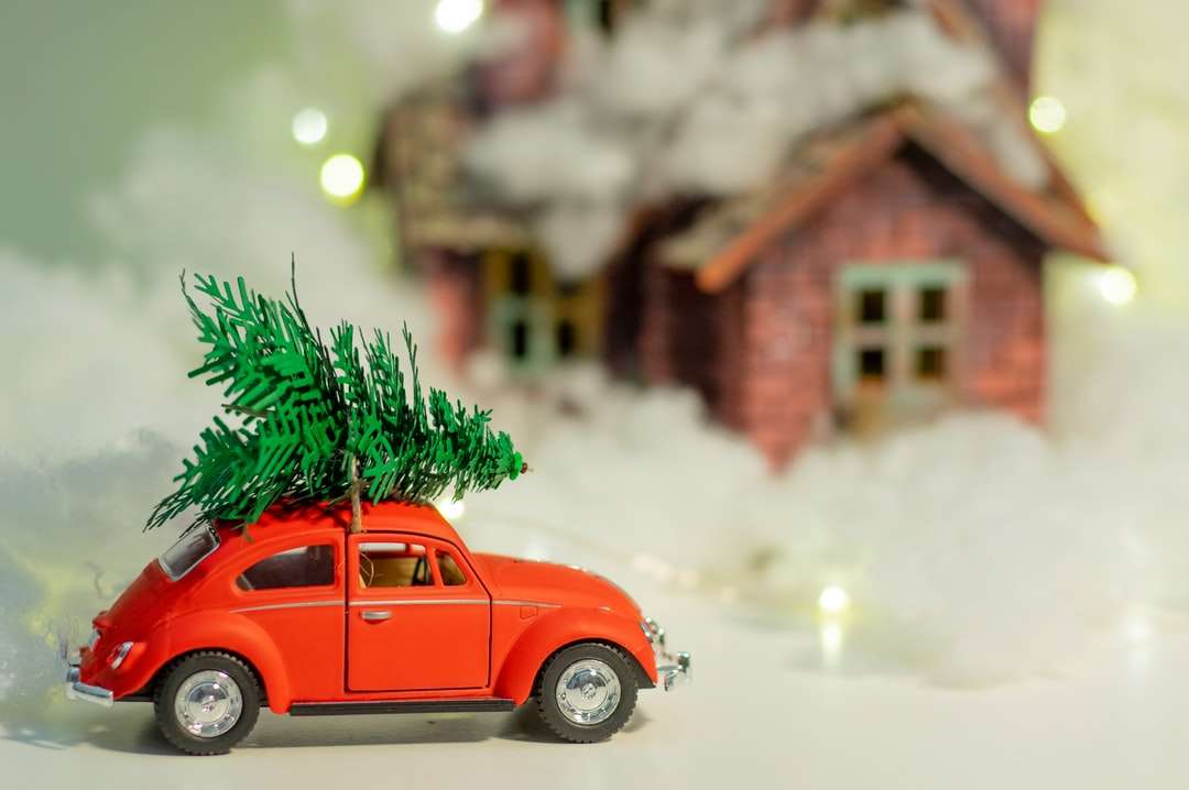 czerwony volkswagen beetle zaparkowany obok zielonej sosny puzzle online