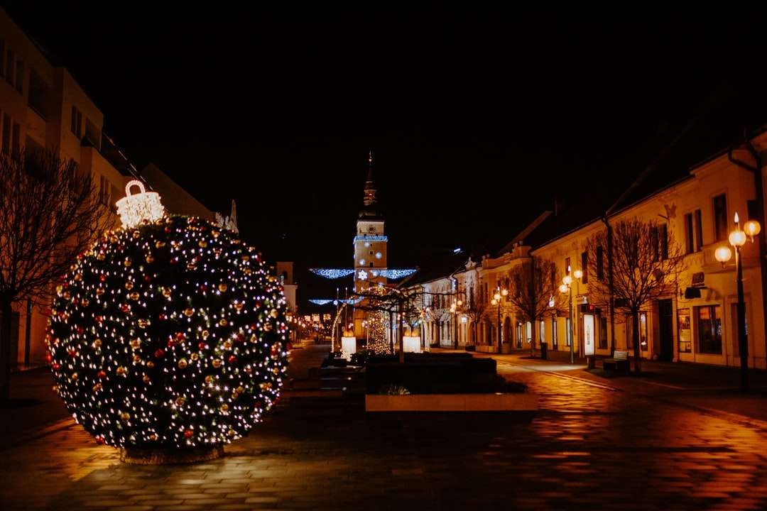 árbol de navidad iluminado cerca del edificio durante la noche rompecabezas