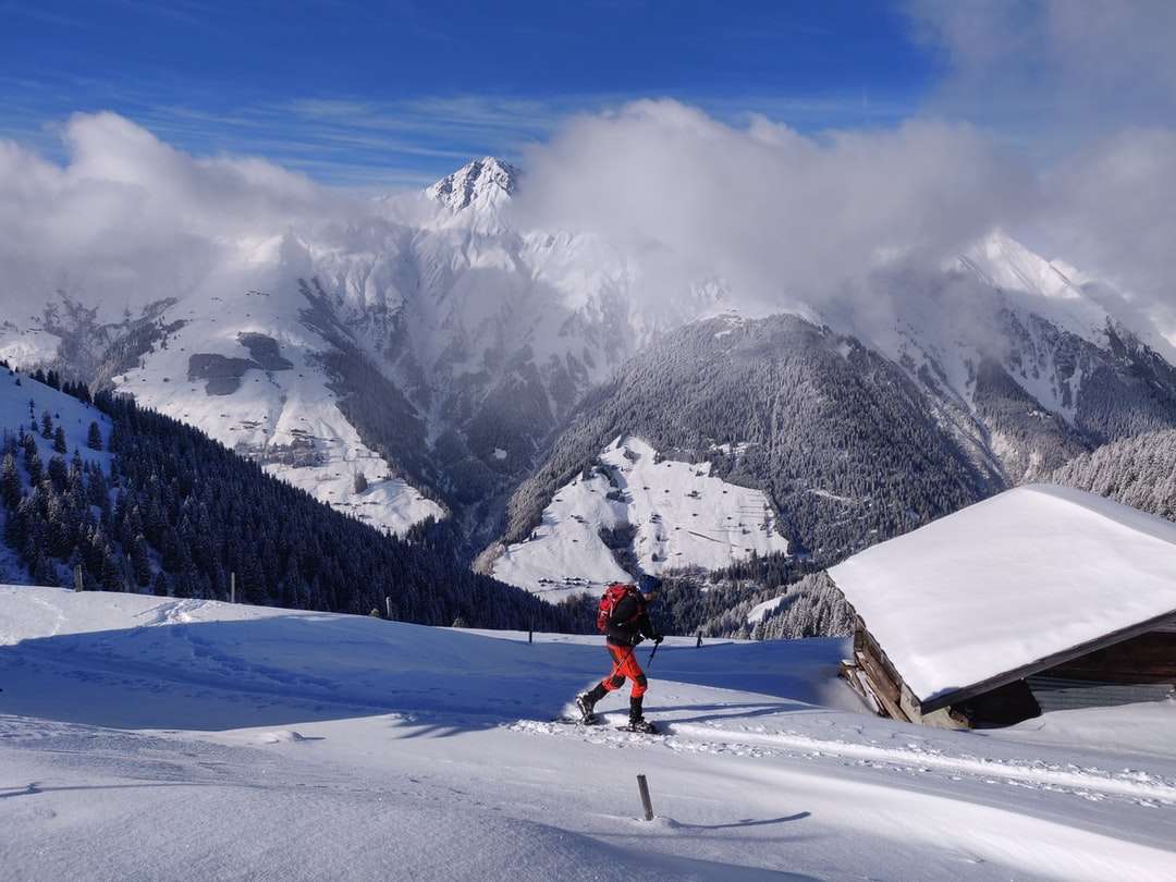 osoba w czerwonej kurtce i czarnych spodniach jadąca na nartach puzzle online