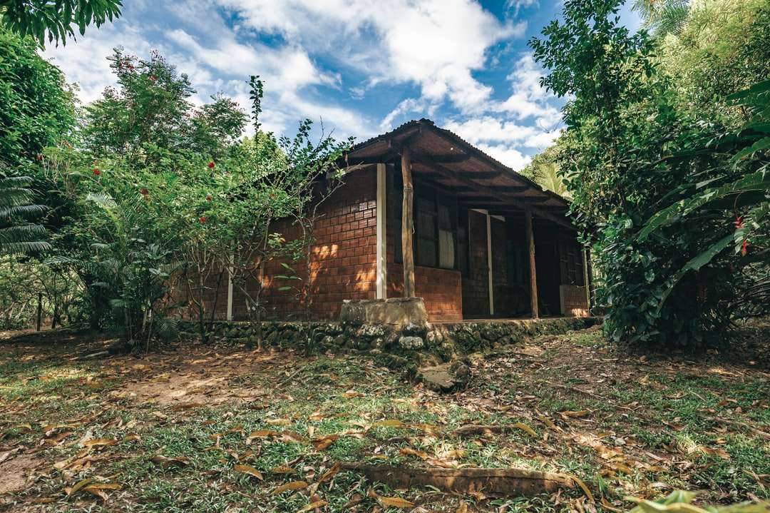 brązowy murowany dom otoczony zielenią puzzle online