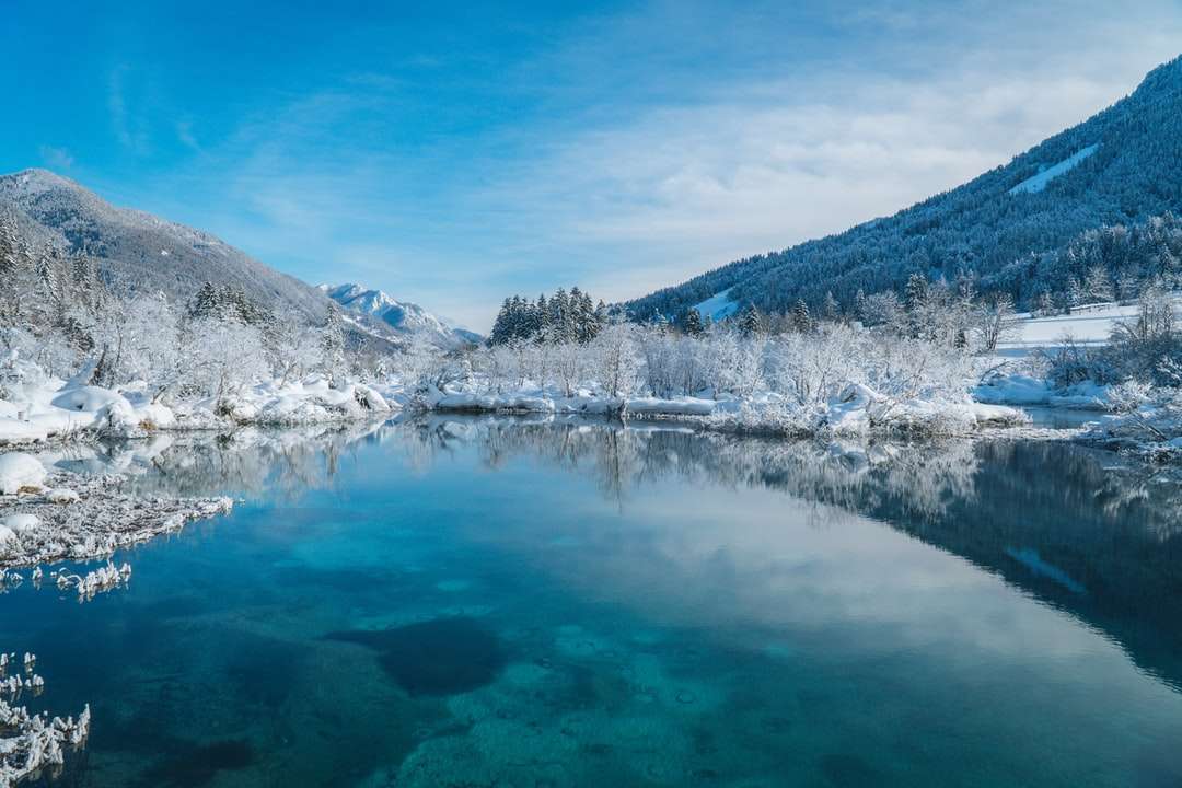 jezioro otoczone drzewami i górami pod błękitnym niebem puzzle online