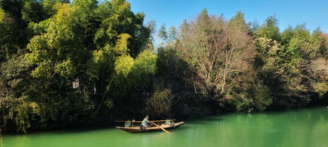 biała łódź na zielonym jeziorze otoczonym zielonymi drzewami puzzle online