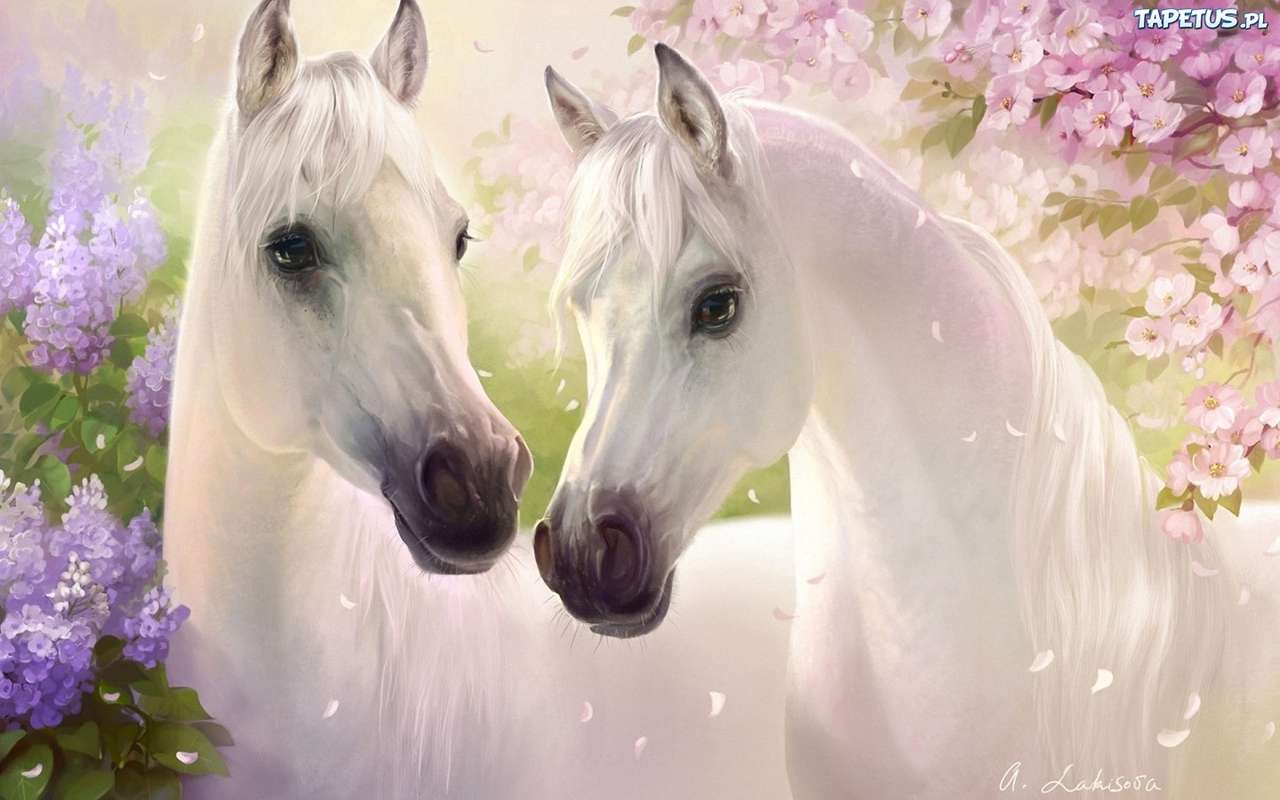 Dwa konie w kwiatach. puzzle online