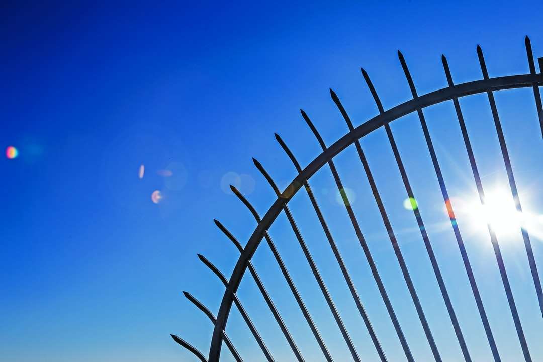 czarne metalowe ogrodzenie pod błękitnym niebem w ciągu dnia puzzle online