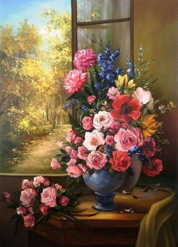 Malowanie wazonu na kwiaty przed oknem puzzle online