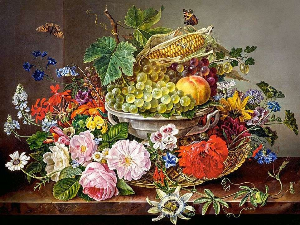 Malowanie kwiatów w misce kosz z kukurydzą owocową puzzle online
