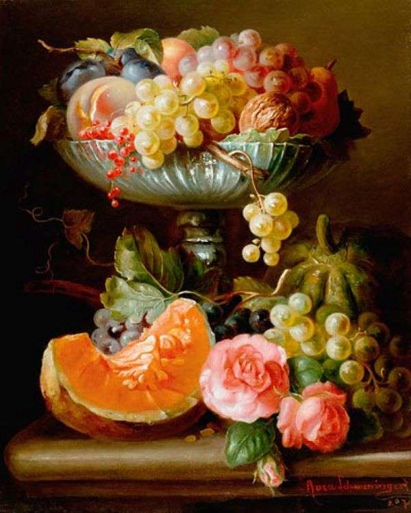 Malowanie miski z owocami kwiatami dyni puzzle online