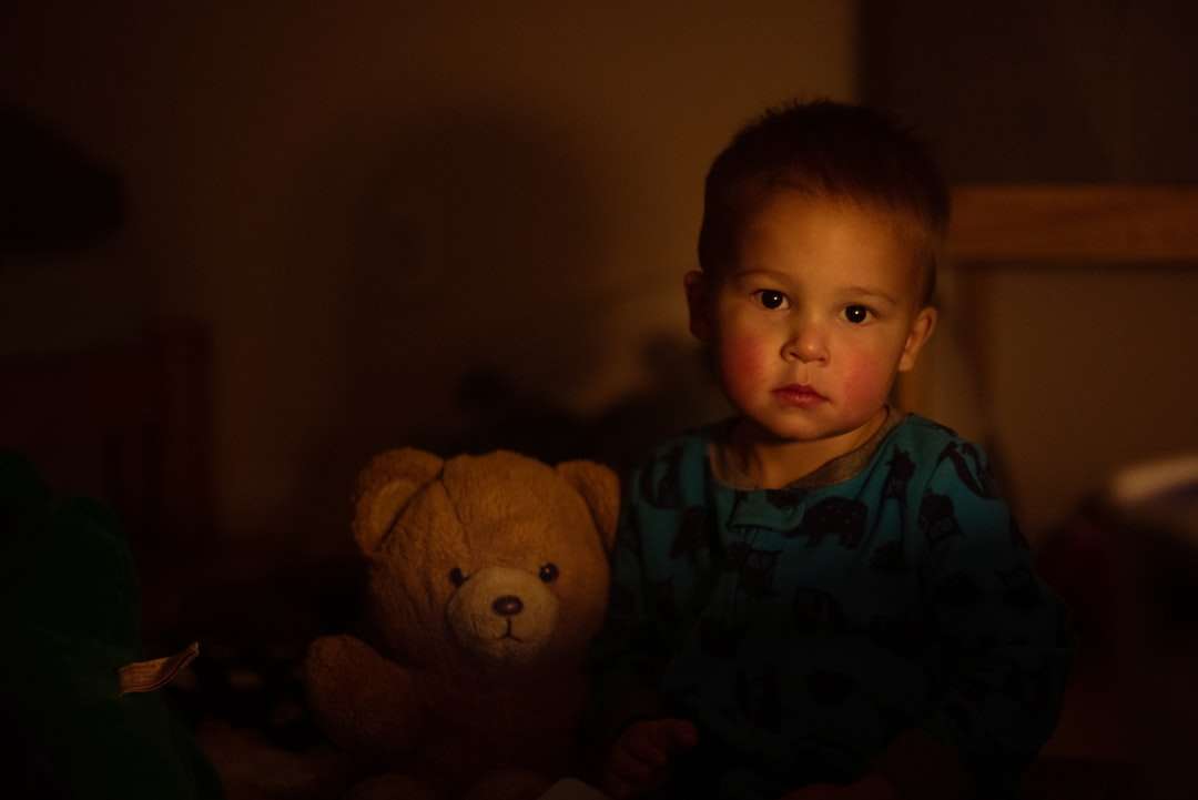 chłopiec w niebiesko-białej koszuli obok pluszowej zabawki niedźwiedzia brunatnego puzzle online