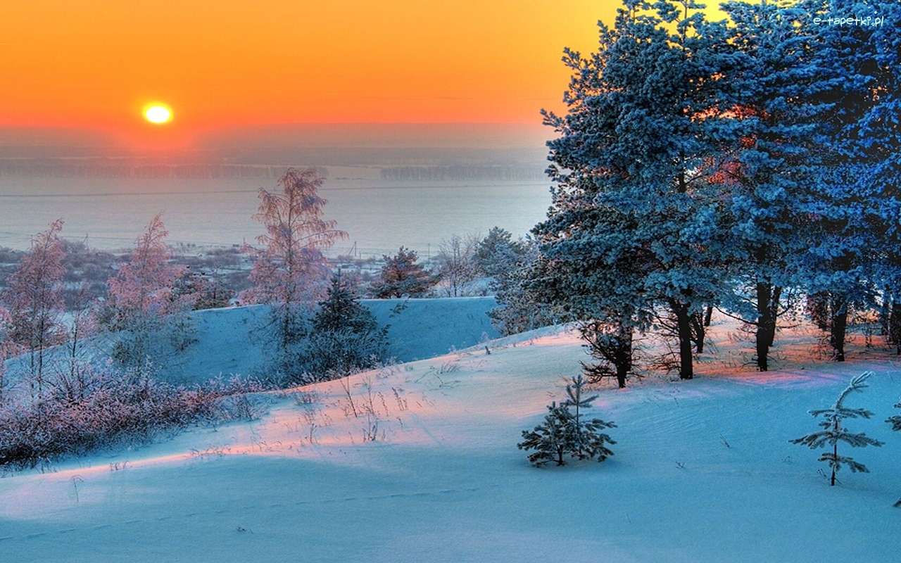 zima, zachód słońca puzzle online