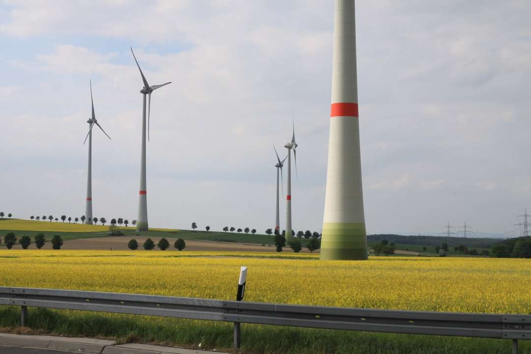 białe turbiny wiatrowe na polu zielonej trawie puzzle online