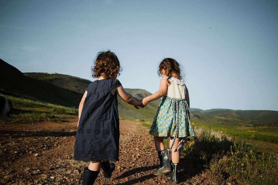 2 dziewczyny w niebieskiej sukience stojącej na brązowym polu w ciągu dnia puzzle online