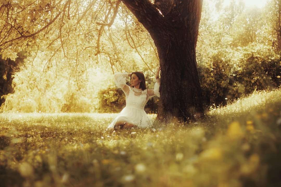kobieta w białej sukni siedzi na polu zielonej trawie puzzle online