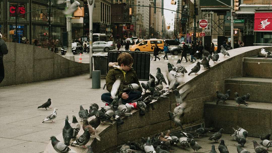 ludzie siedzący na chodniku z gołębiami na ulicy puzzle online