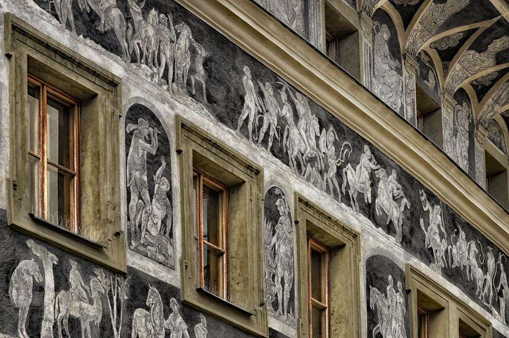 Sztuka elewacji domu w Pradze Republika Czeska puzzle online