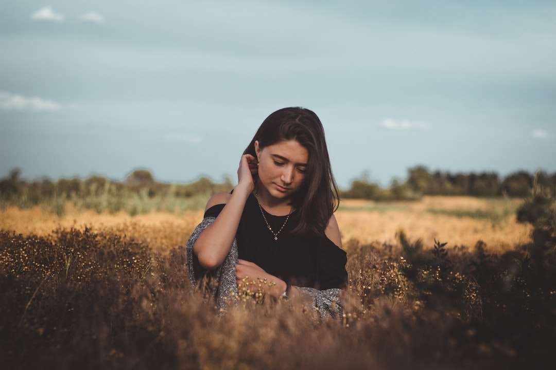 kobieta w czarnej koszuli siedzi na polu brązowej trawy puzzle online