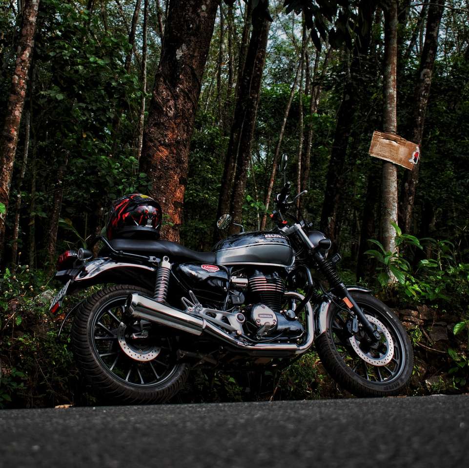 czarno-srebrny motocykl w lesie puzzle online