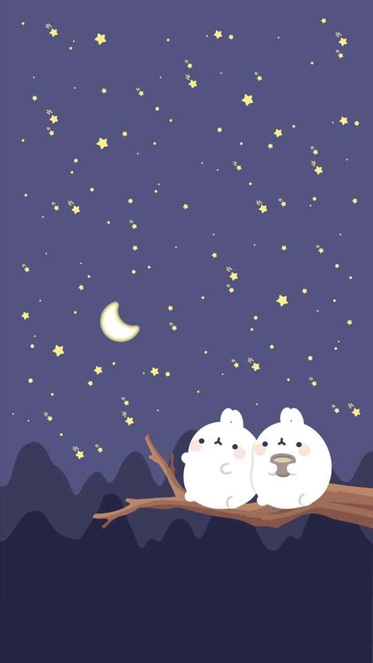 Molang w nocy z przyjacielem na gałęzi dzewa puzzle online