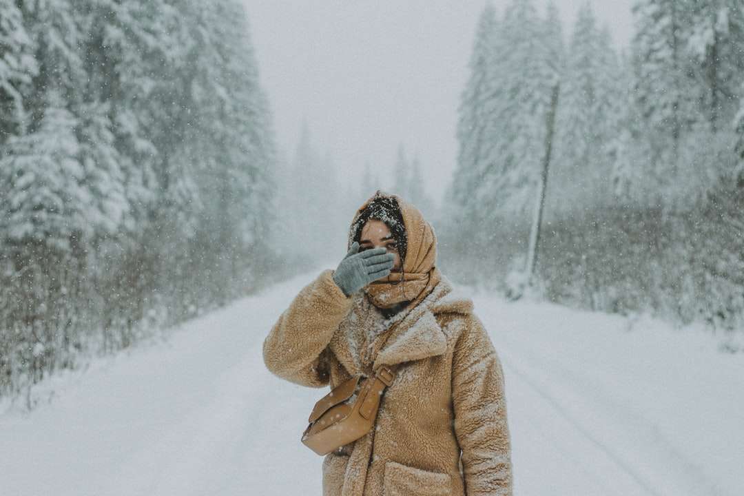 kobieta w brązowym płaszczu stojąc na ziemi pokryte śniegiem puzzle online