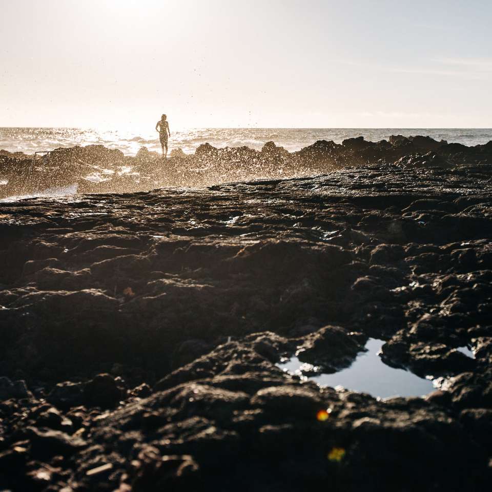 osoba stojąca na formacji skalnej przed wodą oceanu puzzle online
