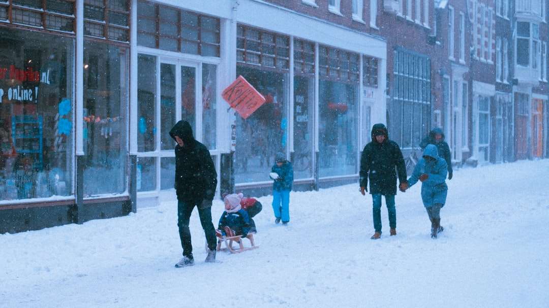 ludzie chodzą po zaśnieżonej ziemi w ciągu dnia puzzle online