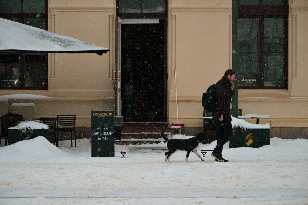 mężczyzna w czarnej kurtce stojący obok czarnego psa puzzle online