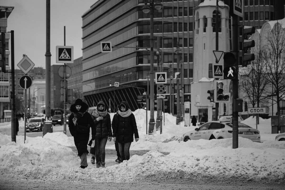 zdjęcie w skali szarości przedstawiające 2 osoby idące po pokrytej śniegiem ziemi puzzle online