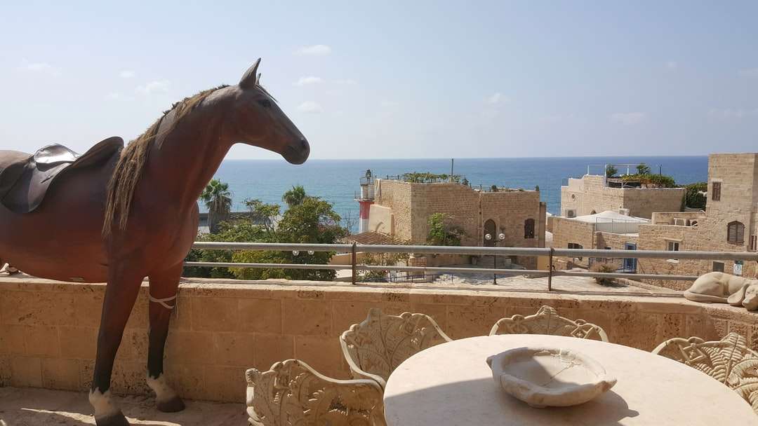 brązowy posąg konia w pobliżu brązowego betonowego budynku puzzle online