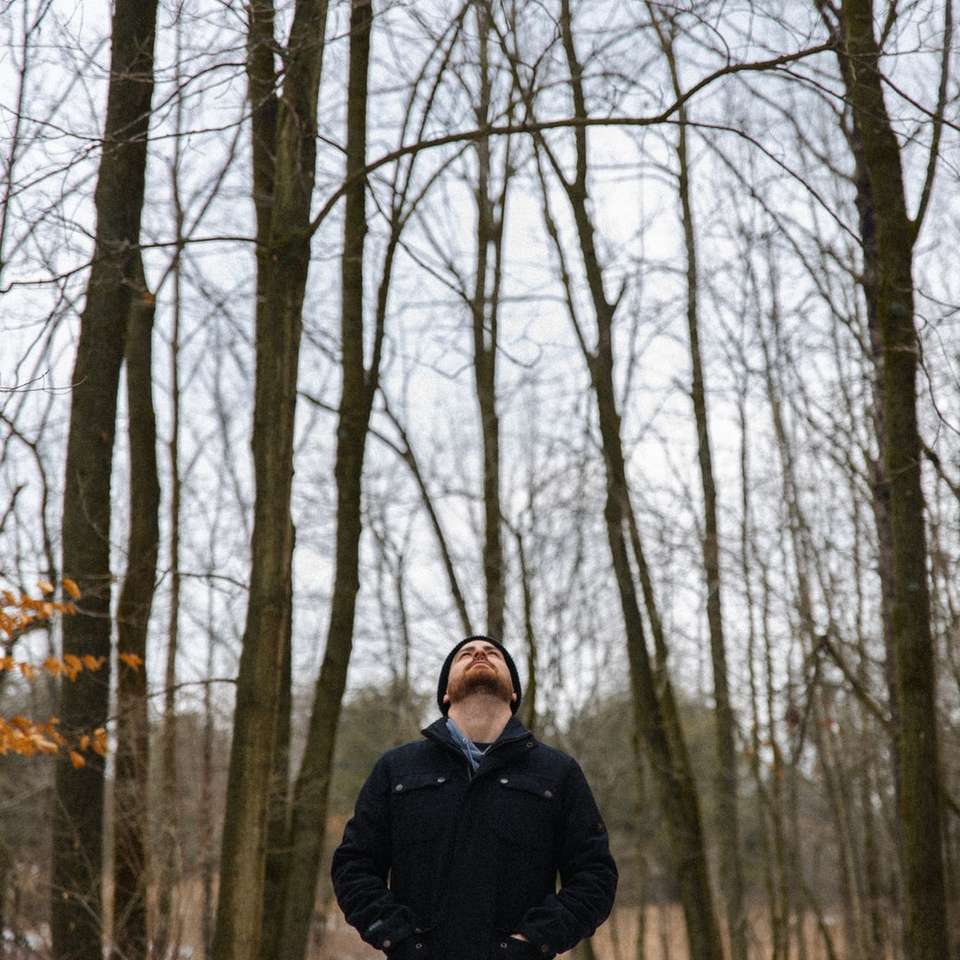mężczyzna w czarnej kurtce stojący pośrodku nagich drzew puzzle online